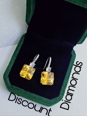 2 Ct. Asscher Cut Yellow Sapphire White Baguette Diamond Earrings on 925 Silver